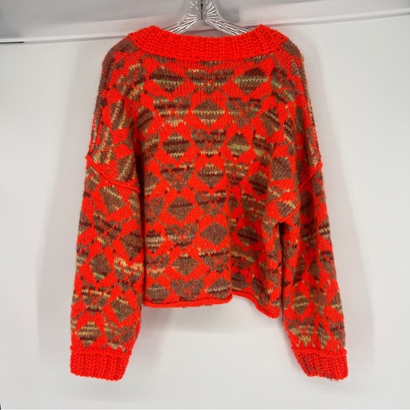 Free People Wool Blend Orange Heart Argyle Chunky Colorful Oversized Sweater M - Picture 7 of 7